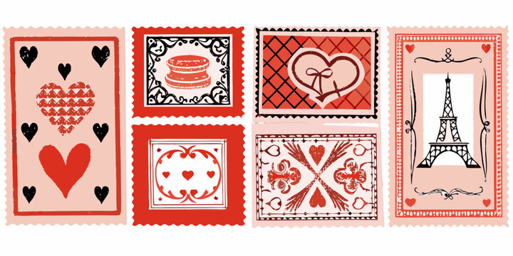 A collection of vintage style postage stamps with romantic and parisian themes