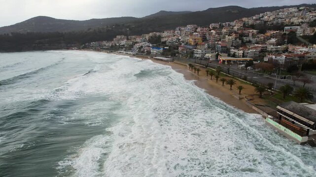 High Wids and Sea Tide in Kalamitsa Beach Kavala Greece, Strong Wind Coast Landscape
