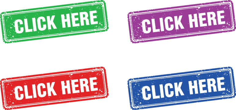 A colorful set of click here stamps in green, purple, red, and blue on a white background