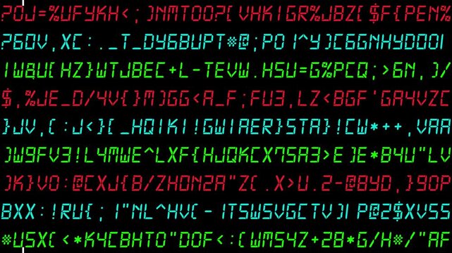 Randomly changing red, blue and green alphanumeric code text on black background, wide format, resembling a system monitoring display and abstract system log style. 4K motion graphics.