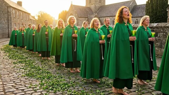 Group of women and a man in green capes carrying candles, walking barefoot on a cobbled path with shamrocks for St. Patricks Day celebration