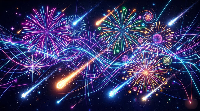 3D neon abstract background with colorful fireworks, glowing lines, and falling stars. Meteor effects add depth and dynamic motion.