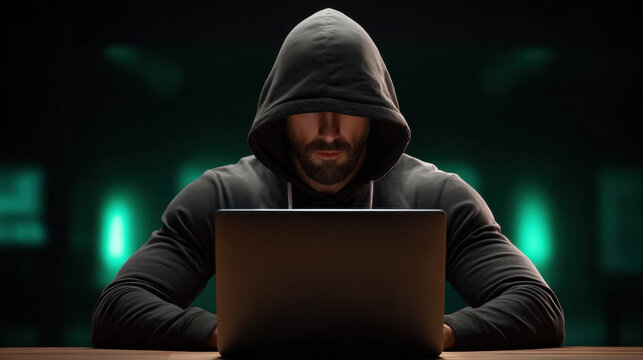 Hooded man typing on laptop in dark room with green backlight, cyber security mood and focused expression