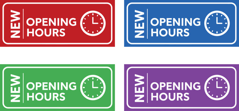 A set of colorful stickers announcing new opening hours for a business