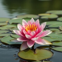Vibrant pink water lily blossom floats serenely on dark water surrounded by green lily pads