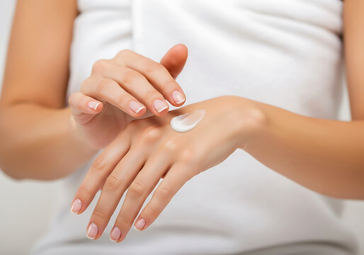 Close Up of Woman Applying Moisturizing Hand Cream for Skincare, Beauty and Spa Wellness Concept
