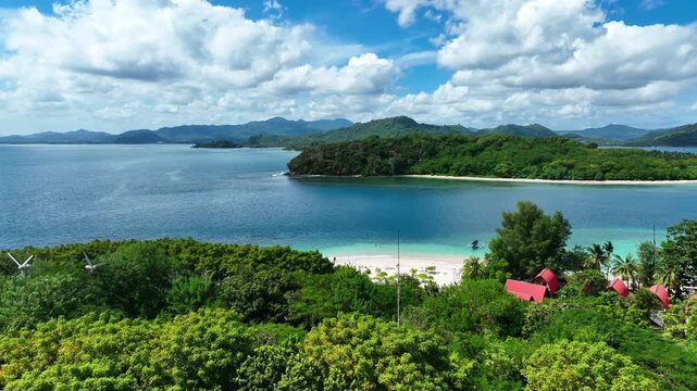 Aerial footage shows Indonesia tropical islands, Gill atolls in stunning sunny day. 4k