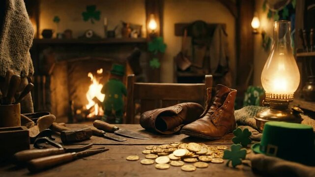 Little leprechaun in a green suit with a pot of gold in a cozy shoemaker workshop for St. Patricks Day celebration. Festive Irish folklore concept.