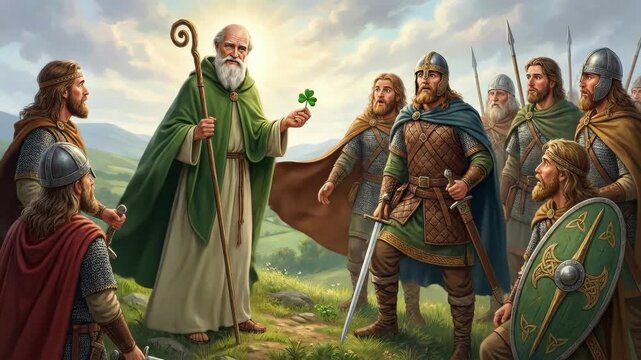 Elderly man presenting shamrock to group of warriors. St. Patrick explaining trinity to Celtic kings and chiefs. Irish historical event.