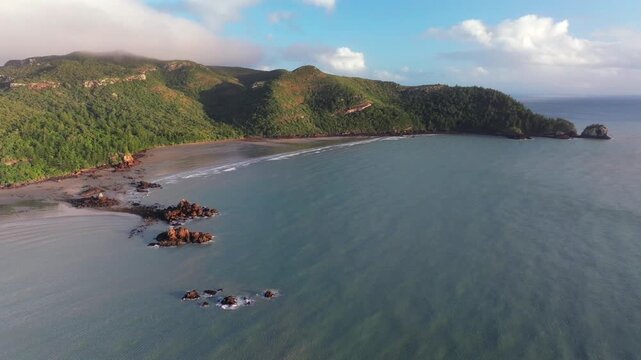 Morning sunrise Orchid Rock Twin Casuarina Beach Cove waves Cape Hillsborough National Park low cloud Australia aerial drone Hidden Valley Road Orchid Rock sunny rain Lookout Wedge Island forward pan