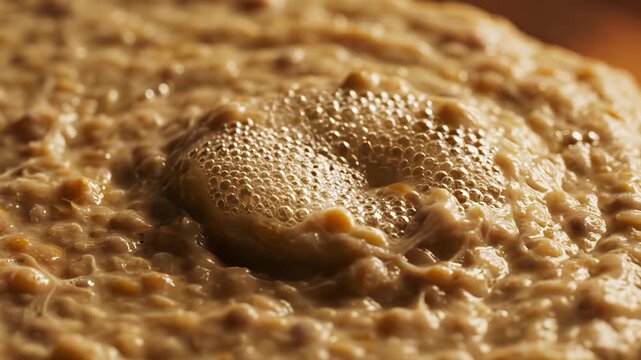 Close up of a creamy beige textured paste with visible grains and a small cluster of tiny bubbles forming in the center under warm lighting