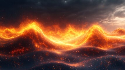 Fototapeta premium Fiery Volcanic Eruption on Dark Mountain Range with Flames and Sparks