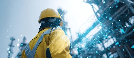 Fototapeta premium Worker in yellow vest and hard hat views connected industrial network