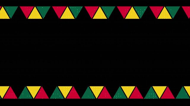 emancipation day design with red, gold, and green triangles looping on black background combination dot particle. Celebrate freedom with this vibrant graphic suitable for juneteenth event promotions.