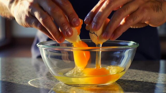 Morning kitchen egg preparation, Rustic kitchen shot capturing egg separation process in slow motion, Home cook carefully cracking and separating egg with textured details for breakfast preparation