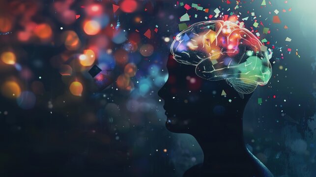 Brain Fog Concept Art: Head Silhouette with Glowing Grey Fog and Fragmented Thought Symbols on Dark Background &ndash; Symbolizing Cognitive Dysfunction