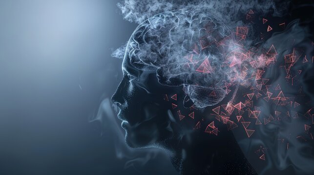 Brain Fog Concept Art: Head Silhouette with Glowing Grey Fog and Fragmented Thought Symbols on Dark Background &ndash; Symbolizing Cognitive Dysfunction