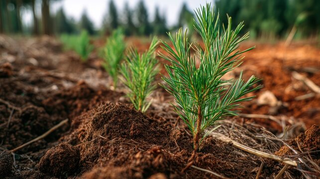 Young pine trees planted in soil focus on seedlings in natural environment
