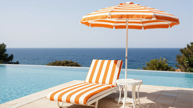 Relaxing summer holiday scene with an orange and white striped sunbed and umbrella by a luxury infinity pool with a panoramic blue ocean horizon view.
