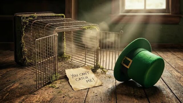 Green leprechaun hat and trap with a note "You can't catch me!" on a wooden floor on St. Patrick's Day. Holiday prank concept.