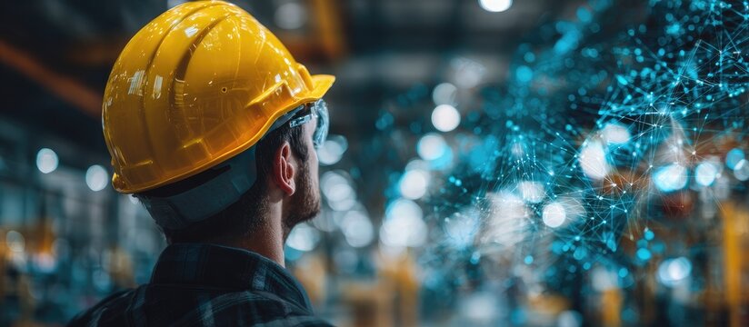 Worker in yellow hardhat interacts with glowing digital network in factory