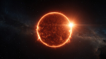 Obraz premium Glowing orange star with solar flare and bright limb against starfield, dramatic space scene evoking heat and energy
