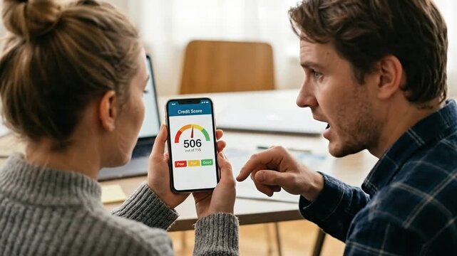 Worried couple discussing low credit score on mobile app, reviewing financial health and debt management