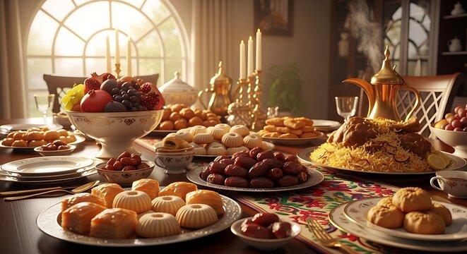 a traditional middle eastern feast with mandi dates fresh fruits and sweets laid out on a festive dining table.