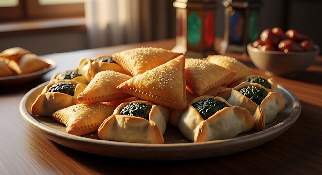 assortment of traditional middle eastern pastries sambousek and spinach fatayer served for iftar during ramadan.