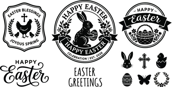 2026 Happy Easter Clean Black Silhouette Vector Bundle Featuring Typographic Logos, Decorative Badges, and Minimalist Holiday Lettering 