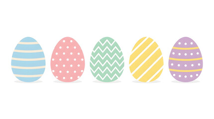 A delightful collection of five vibrantly decorated pastel Easter eggs arranged in a row, perfect for spring holiday celebrations and festive designs