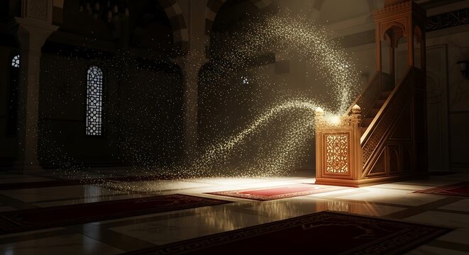 golden spiritual light swirling from a carved wooden minbar in a tranquil mosque prayer hall symbolizing divine presence and islamic faith