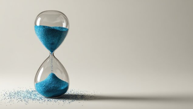 Hourglass with blue sand flowing against a light background