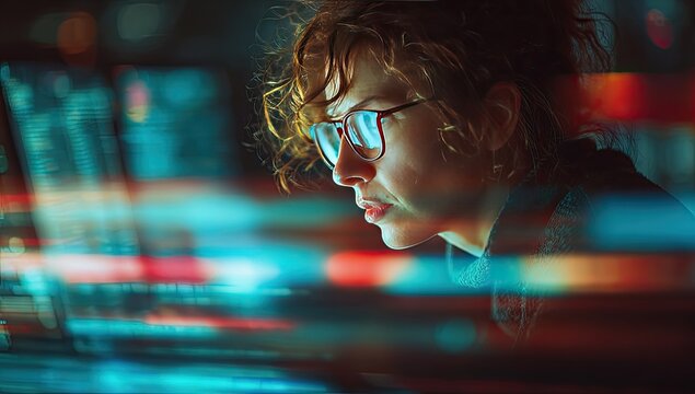 Focused person in glasses working on computer at night