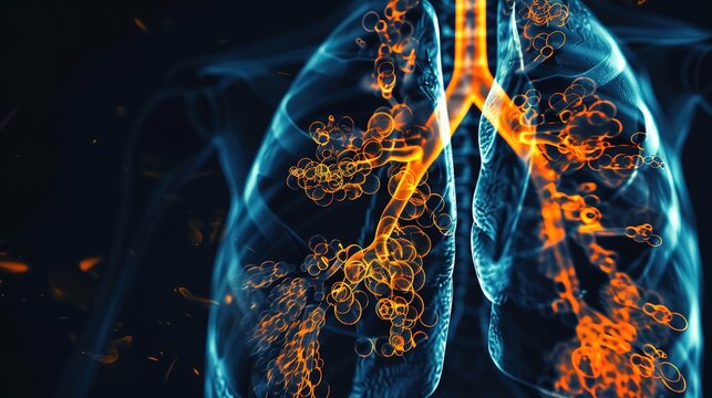 Abstract HRCT-style diagram of lungs with honeycombing, featuring clusters of glowing orange small cystic spaces and traction bronchiectasis on dark background, educational medical imaging concept.