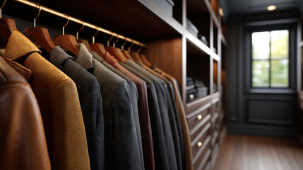 Obraz premium Closet with row of tailored jacket on wooden hanger in warm light, textured fabric, organized storage and natural window light creating elegant cozy atmosphere