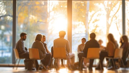 Obraz premium Diverse group in circle, sharing ideas with sunlight glow