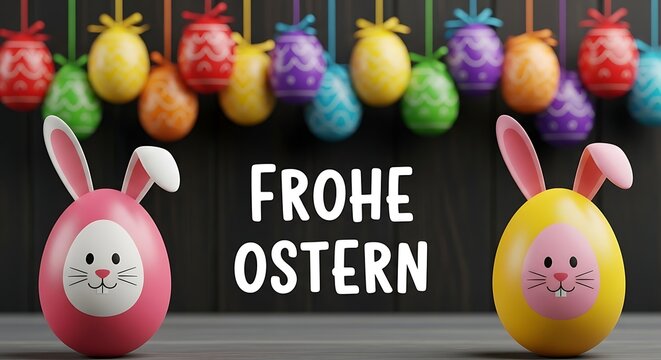 Two cartoon bunny Easter eggs standing on a wooden surface with hanging colorful eggs in the background and "Frohe Ostern" text, 3D render.