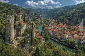 Obraz premium Medieval stone castle tower river valley town red roof houses green forest hills cloudy blue sky historic European village mountain landscape peaceful scenery
