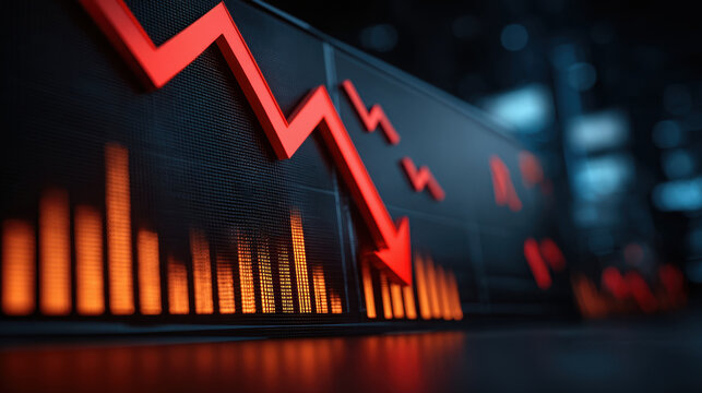 Falling market trend red arrow decreasing stock chart with glowing orange bar graph showing financial loss and negative growth