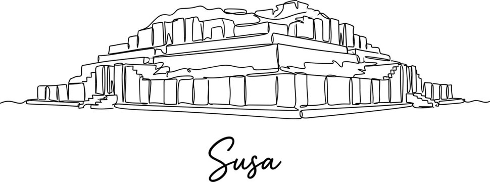 Ancient Susa ziggurat ruins landmark in Iran continuous line drawing vector illustration