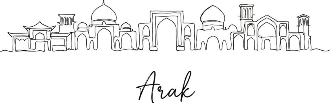 Arak city skyline continuous line drawing with traditional Iranian architecture vector illustration