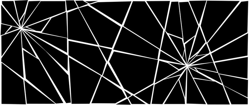 Damaged shattered glass effect backdrop. Black grunge broken background. Multiple cracked lines explosion pattern. Fractured triangle fragments, pieces, shatters wallpaper. Vector debris illustration