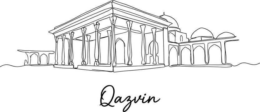 Continuous line drawing of Chehel Sotoun pavilion in Qazvin Iran architecture vector illustration