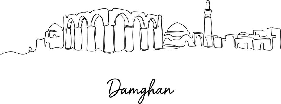 Damghan city skyline featuring Tarikhaneh Mosque arches continuous line drawing vector illustration