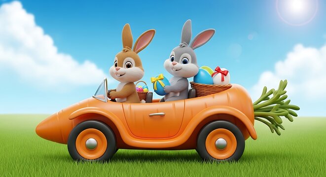 Two Easter bunnies driving a whimsical carrot car filled with colorful eggs on a sunny spring day