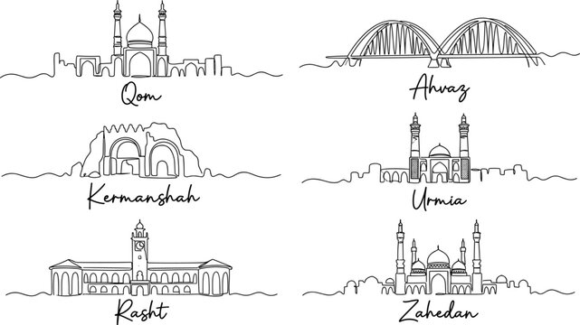 Iranian city skylines including Qom and Ahvaz in minimalist line art vector illustration