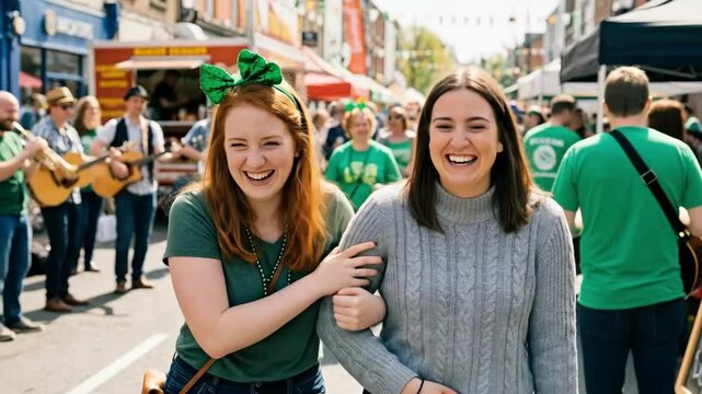 Two women laughing and enjoying a St Patrick Day parade or festival. Friends celebrating Irish culture holiday event.