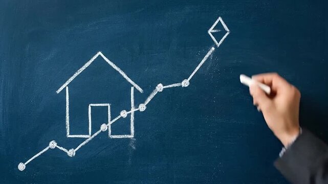 Hand Drawing Upward Real Estate Market Graph on Chalkboard. Property Investment and Housing Price Growth Concept.