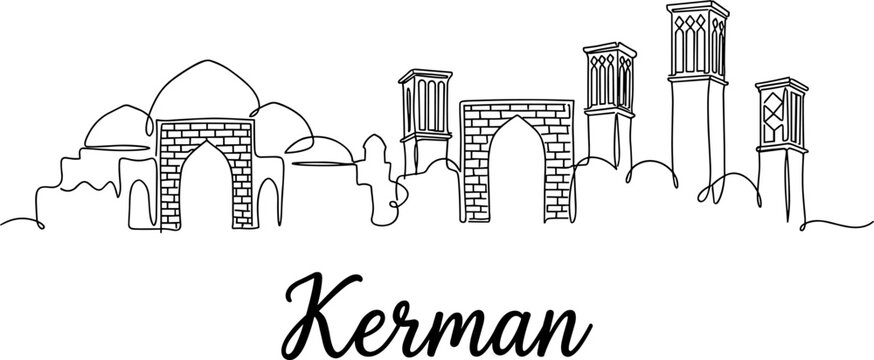One line drawing of Kerman city skyline with traditional Iranian architecture vector illustration